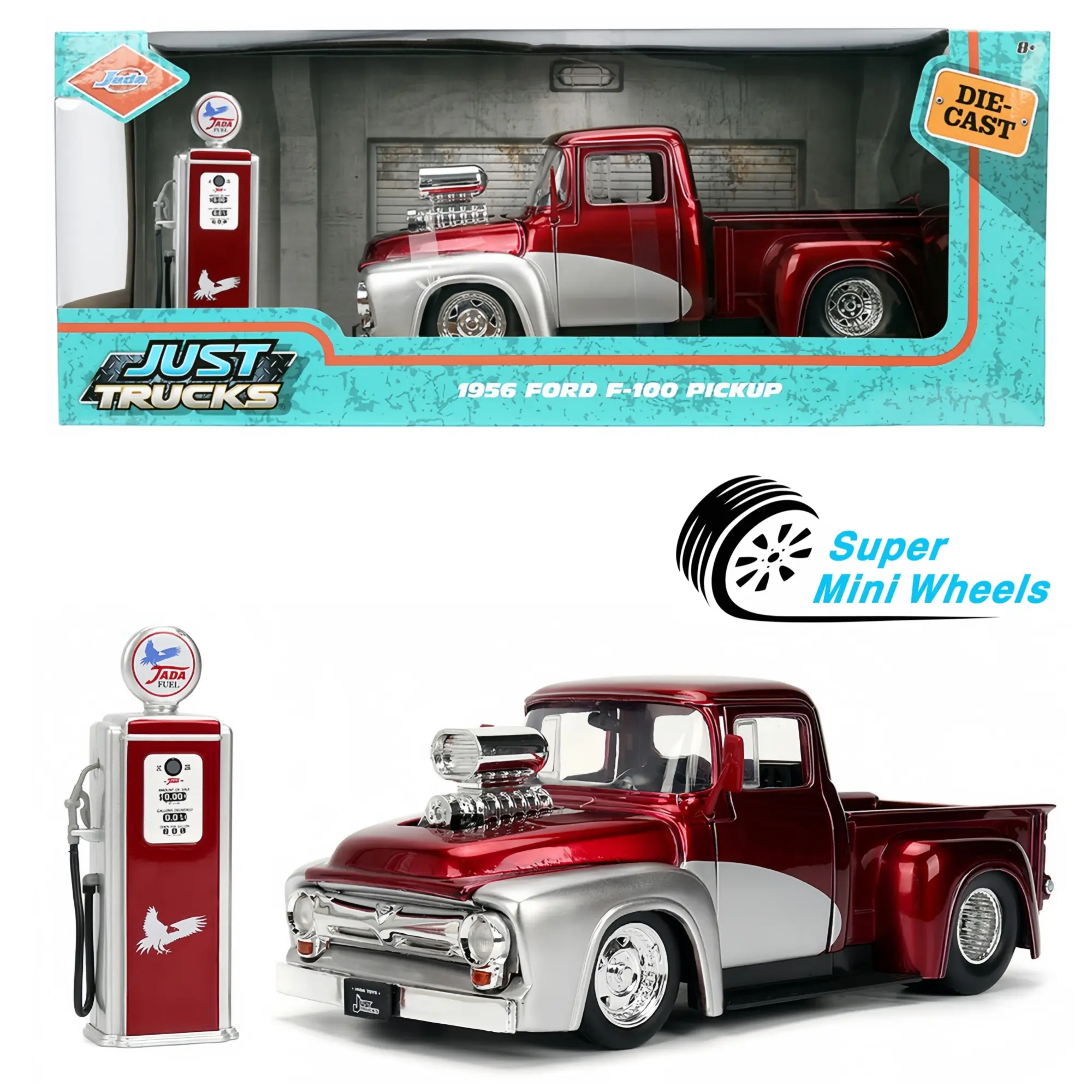 Jada 1:24 1956 Ford F-100 Pickup with Gas Pump – Red/Silver – Just Trucks #35053