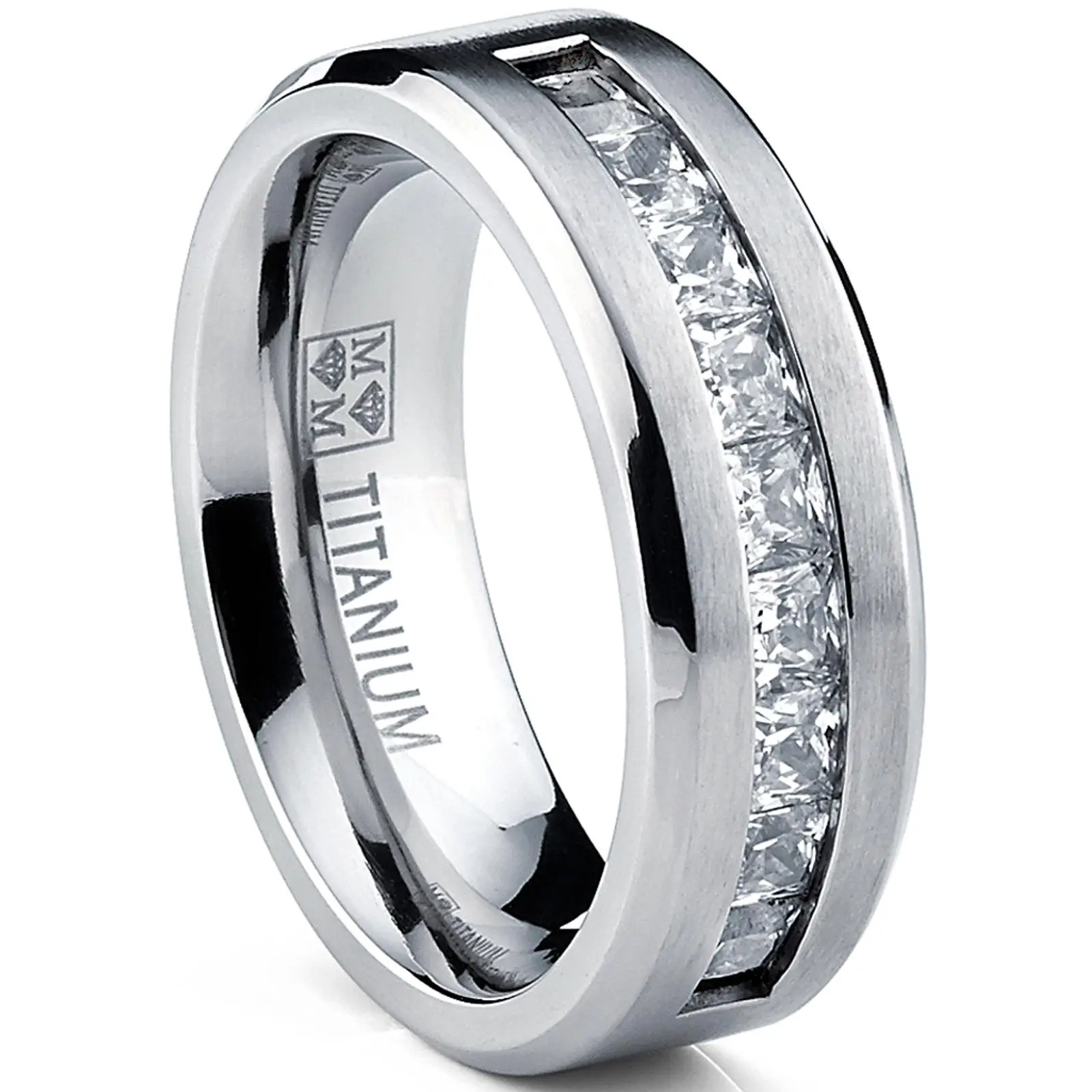 Titanium 1Ct. Men's Wedding Band Engagement Ring with 9 large Princess Cut Cubic Zirconia