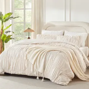 Ruched Beige Queen Comforter Set, Pleated Bedding Sets 3 Pieces, Lightweight Soft Boho Ruffle Bed Set for Girls, Kids,, All Season