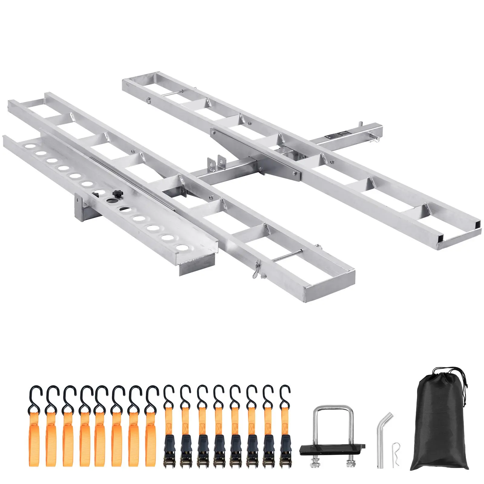 VEVOR Anodized Aluminum Motorcycle Hitch Carrier, 2-Bike Hauler for 2" Receiver, 600lbs Cap. with Self-Storing Ramp for Stability, Easy Install Car Accessories, 2-Inch Hitch Receiver