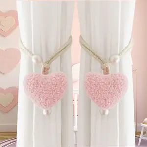 2pcs Plush Heart Pearl Curtain Tiebacks, Room Decor Mosquito Net Strap, Door Curtains Sunshade Rope, Christmas Heart Tieback, Window Decorations Supplies