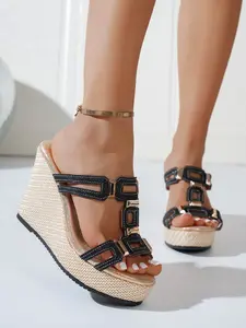 Water Drill Square Buckle Wedge Sandals for Women, 2026 Summer New High Heel (>8cm), Plain Pattern, Waterproof Thick Sole, Party Vacation Style
