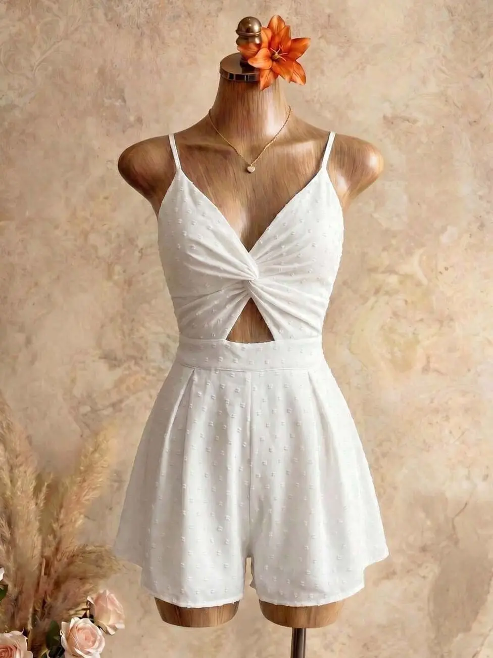 Bellisia White Swiss Dot Twist Front Cutout Romper | Deep V Camisole Open Back Pleated Shorts Jumpsuit | Summer Beach Bridal Outfit