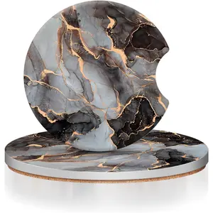 Black Marble 2 Pack Car Cup Holder Coasters - Absorbent Ceramic, Cute Drink Accessories for Women & Men