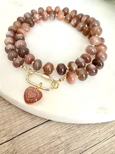 Chocolate Moonstone Beaded Necklace Heart Pendant Chunky Necklaces -Gift-Wedding-Bridesmaid