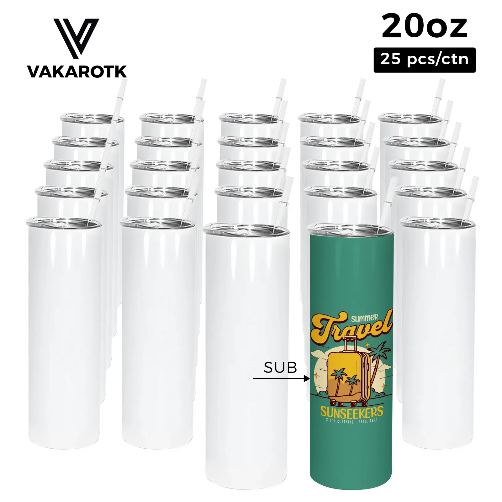 VAKAROTK 25pcs 20oz Sublimation Straight Skinny Tumblers, Bulk Heat Press Stainless Steel Vacuum Insulated Reusable Drinkware with Straw Lids, Tumbler