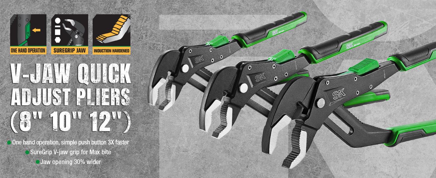 #SpringGlowUp SK 5-Pack Pliers Set, 8" Adjustable Joint Plier, 8", 10" and 12" Quick Adjust V-Jaw Groove Joint Pliers, 10" Plier Wrench, Premium CR-V Construction, with EVA Foam Tool Organizer