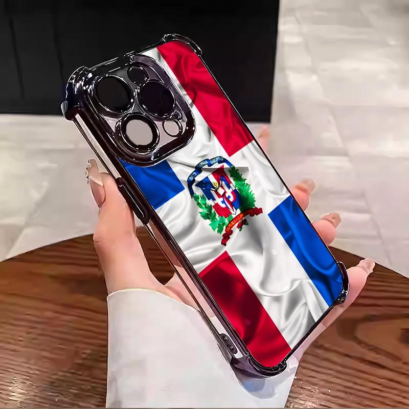 Dominican Pattern Red White Blue Creative Collage Design Suitable for Aesthetic Electroplated TPU Casing For iphone 17 16 15 14 13 12 11 X XS PRO PLUS MAX AIR Samsung S25 S24 S23 Four Corners Anti-Fall Transparent Casual Soft Silicone Phone Cases  L1804
