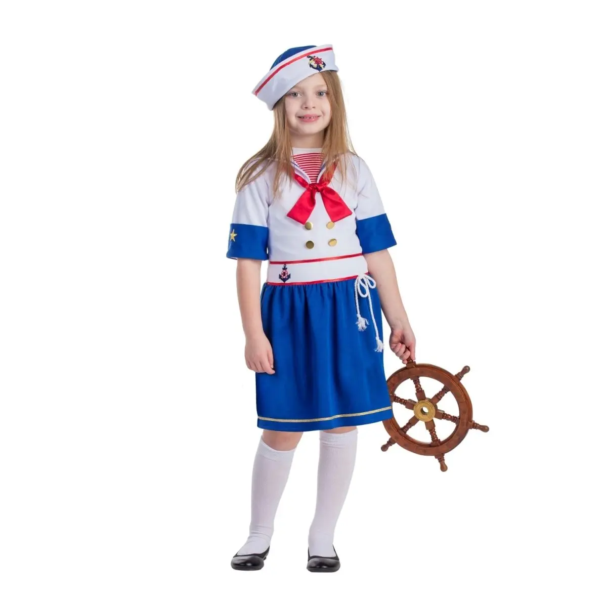 Sailor Costume Dress For Kids - Blue & White Shor Sleeve Dress with Red Striped Dickey & Hat - Perfect for Halloween, Pretend Play Fun ,Cosplay & Theme Party