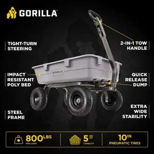 Gorilla Carts 800 Pound Capacity Heavy Duty Poly Yard Dump Utility Cart, Gray