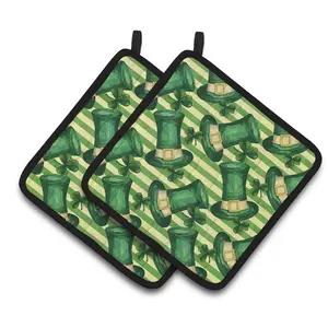 212 MAIN Watercolor St. Patrick's Day Leprechaun Hat Fabric Pot Holders - 2-Piece Insulated Oven Bakeware, Hanging Kitchen Accessory