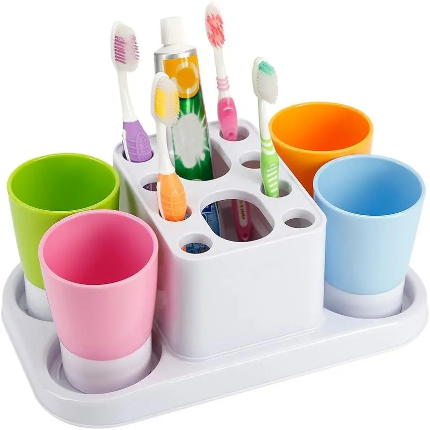 Bathroom Plastic Toothbrush Holder Set - Durable, Large, Space-Saving, Multifunctional Organizer Stand for Families, 11.5"x7.5"x4.5" Home Use