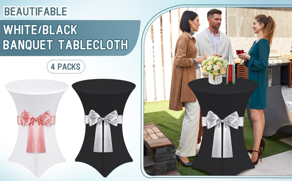 4 Pcs Black Spandex High-Top Cocktail Table Covers with Silver-White Satin Bow Sashes, 32"x43" Round Tablecloths, 4-piece black table cover with silver-white straps, Wineglass Centerpiece & Household Items Decor for Weddings, Bar Parties