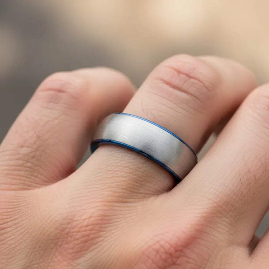 8mm Wide Ring Men's Wedding Band Blue Wedding Ring Anniversary Rings for Men Silver Tungsten Wedding Band Two Tone Tungsten Ring Couple Ring