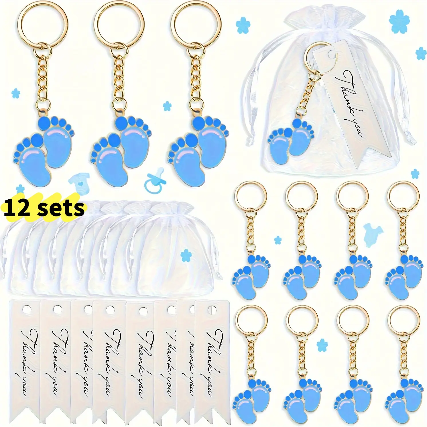 12 Sets Unisex Baby Footprint Design Keychain Accessory Party Favors - White Organza Bags, Thank You Cards for Baby Shower, Birthday (Home & Festive Party Supplies)