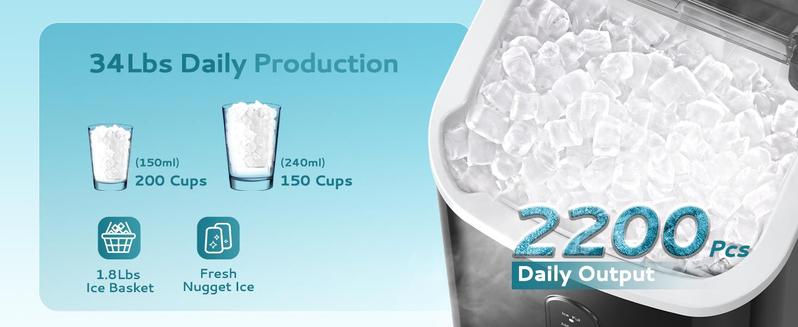 EUHOMY Best-Selling Countertop Nugget Ice Maker with Handle: 33 lbs of Ice in 24 Hours, 6-Minute Ice Readiness, Removable Cover, Auto-Cleaning, Includes Basket and Scoop, Perfect for Home, Kitchen, Parties & Camping