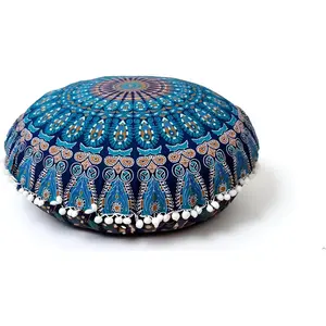Large Hippie Elephant Mandala Round Floor Pillow Cover, Bohemian Cushion Pouf Cover for Yoga Floor Decor, 32" Green Peacock