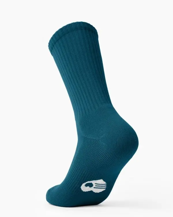 Unisex Adult Sport Crew Socks - Opaque Stretchable Nylon Blend, Teal Dyed and Finished with Glossy Look, Cold Wash Compatible, Gentle Machine Wash, Low Heat Tumble Dry, Do Not Bleach, Sporty Design