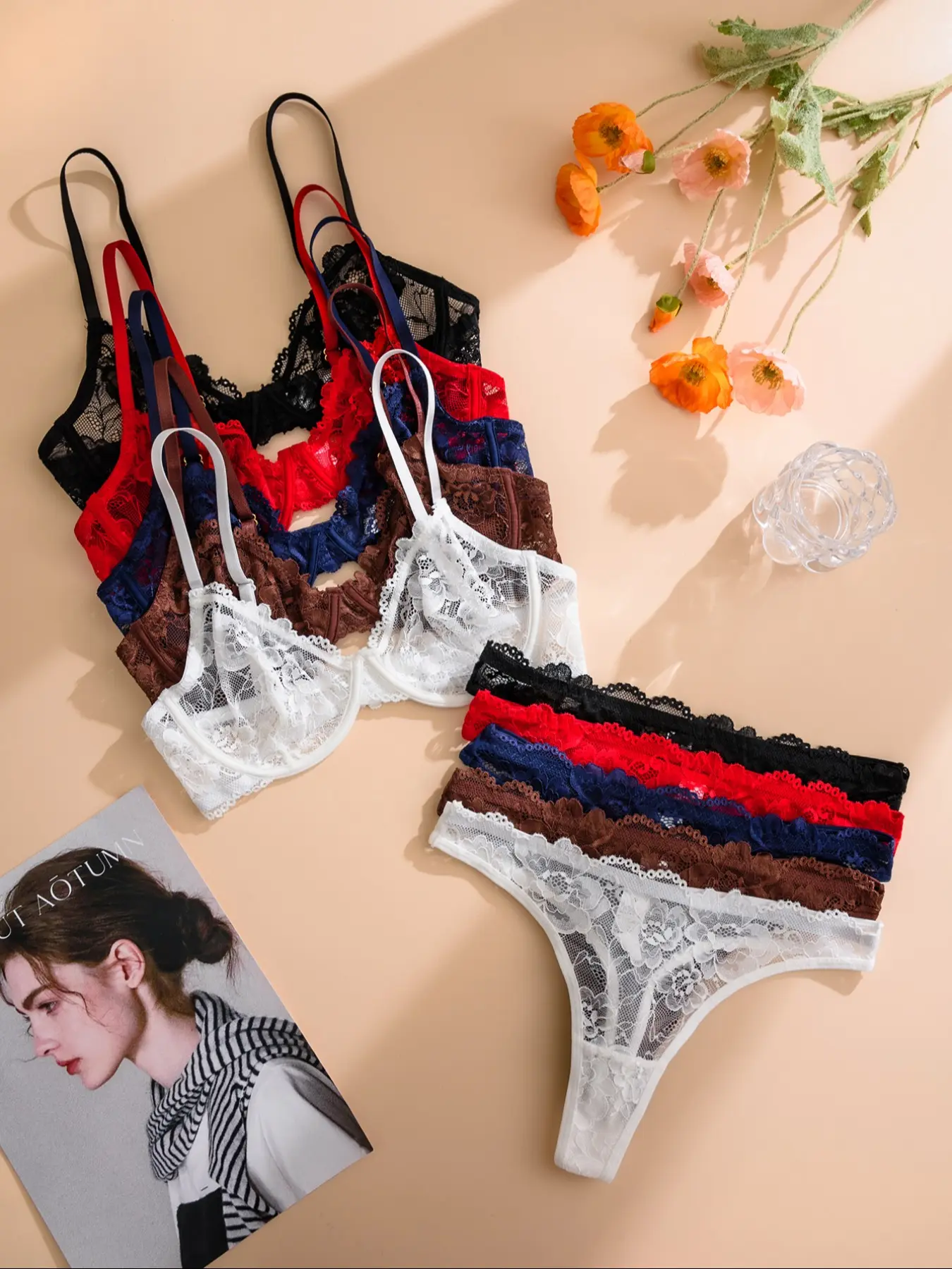 Women's Lace Steel Ring Thin Cup Comfortable Elegant Underwear Set, 5 Piece Pure Color Lingerie, Soft and Breathable Bra Set