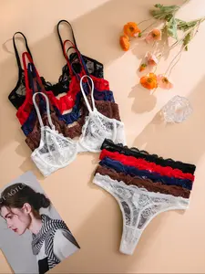 Women's Lace Steel Ring Thin Cup Comfortable Everyday Underwear Set, 5 Piece Pure Color Elegant Lingerie, Soft and Breathable Bra Set