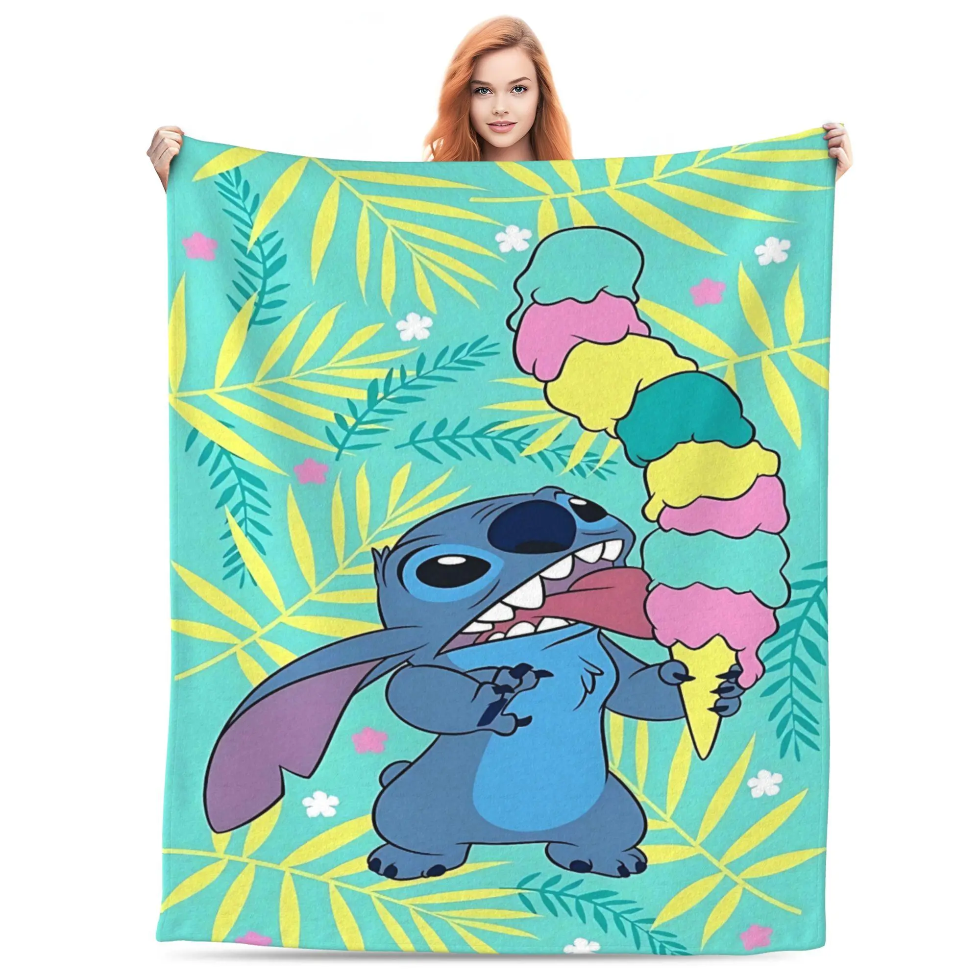 [SummerVibes] DISNEY CLASSIC Stitch Fleece Throw Blanket – Cute Stitch Eating Ice Cream with Tropical Leaves Design, Soft Cozy Blanket for Kids, Teens & Disney Fans, Perfect for Bed, Couch or Travel