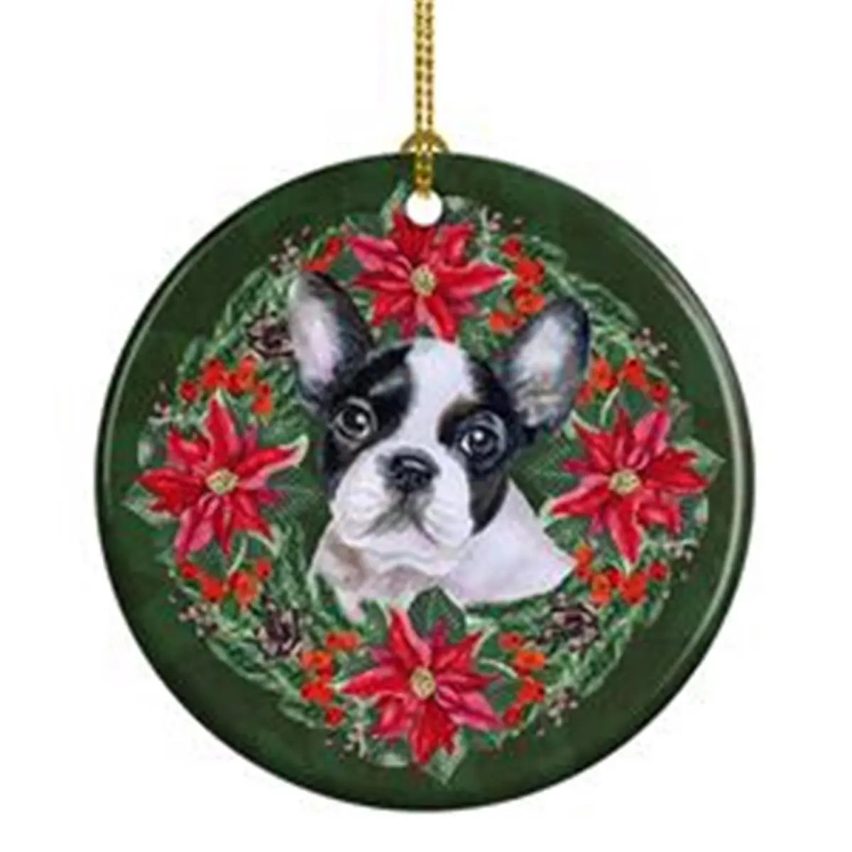 Unisex 2.8x2.8 in Round Ceramic Christmas French Bulldog Ornament - 2.8" Dia, Customizable Black & White Poinsetta Wreath Painted Artwork, Multicolor Accents, Home Supplies Holiday Tree Decoration Gift for Adults