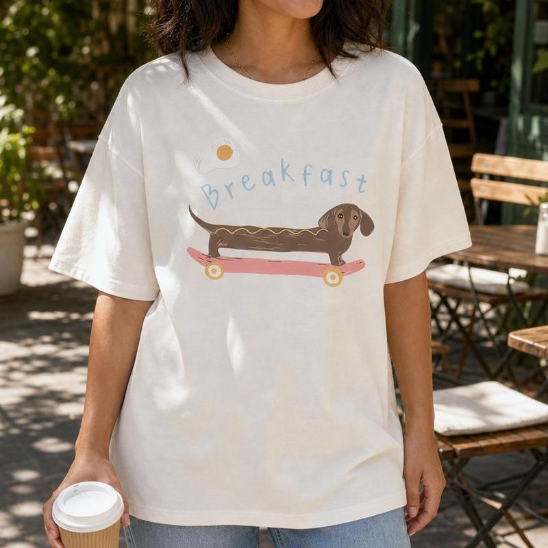 Cute Dachshund Breakfast Graphic Tee Women's 100% Cotton Skateboard Dog Mom Plus Size Top