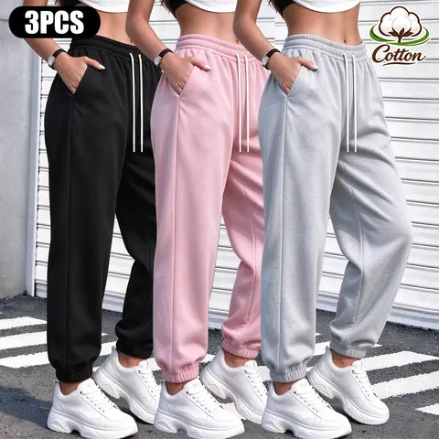 1/2/3 Pack Women Cotton Jogger Pants, Elastic Drawstring Sweatpants with Pockets, Loose Cuffed Joggers for Jogging, Loungewear & Daily Casual Outfits