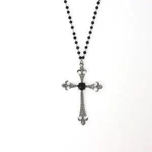 Vintage Dark Gothic Cross Necklace, Subcultural Gothic Style Long Diamond-Studded Sweater Chain, Niche Sweet Cool Necklace