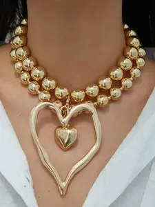 Heart-Shaped Beaded Boho-Style Necklace, Trendy Chunky Charm Necklace, Exaggerated Love Design Jewelry for Women, Perfect Gift for Girlfriend