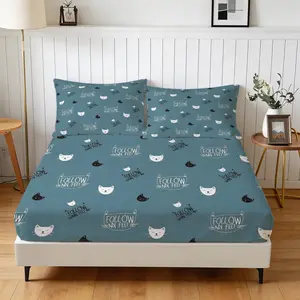 3 Piece Cute Cartoon Cat Fitted Sheet Set, 1 Fitted Sheet + 2 Pillowcases, Soft Skin-Friendly Kawaii Cat Meow Print Bedding, Ideal Gift for Cat Lovers Women Girls Teens Kids