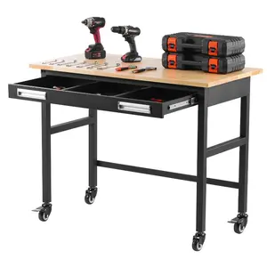 VEVOR 48-inch Workbench, 1500 lbs Load Capacity, Garage Workbench with Drawer Storage Wheels, Workshop Bench on Wheels, Heavy Duty Oak Wood Top Work Table for Garage, Workshop, Office, and Home