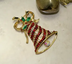 Mechanical Christmas Bell and Bow Brooch - Dangling, Heavy, with Rhinestone Accents, Holiday Fashion Collar Clip Accessory