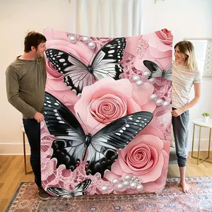 One Comfortable And Beautiful Pink Rose Butterfly Romantic And Elegant Theme Pattern Flannel Blanket, Fashionable, Soft, Warm, All-Season Multifunctional Gift Print Blanket Perfect For Sofa, Bed, Office, And Travel, Ideal Holiday Birthday Gift Choice For