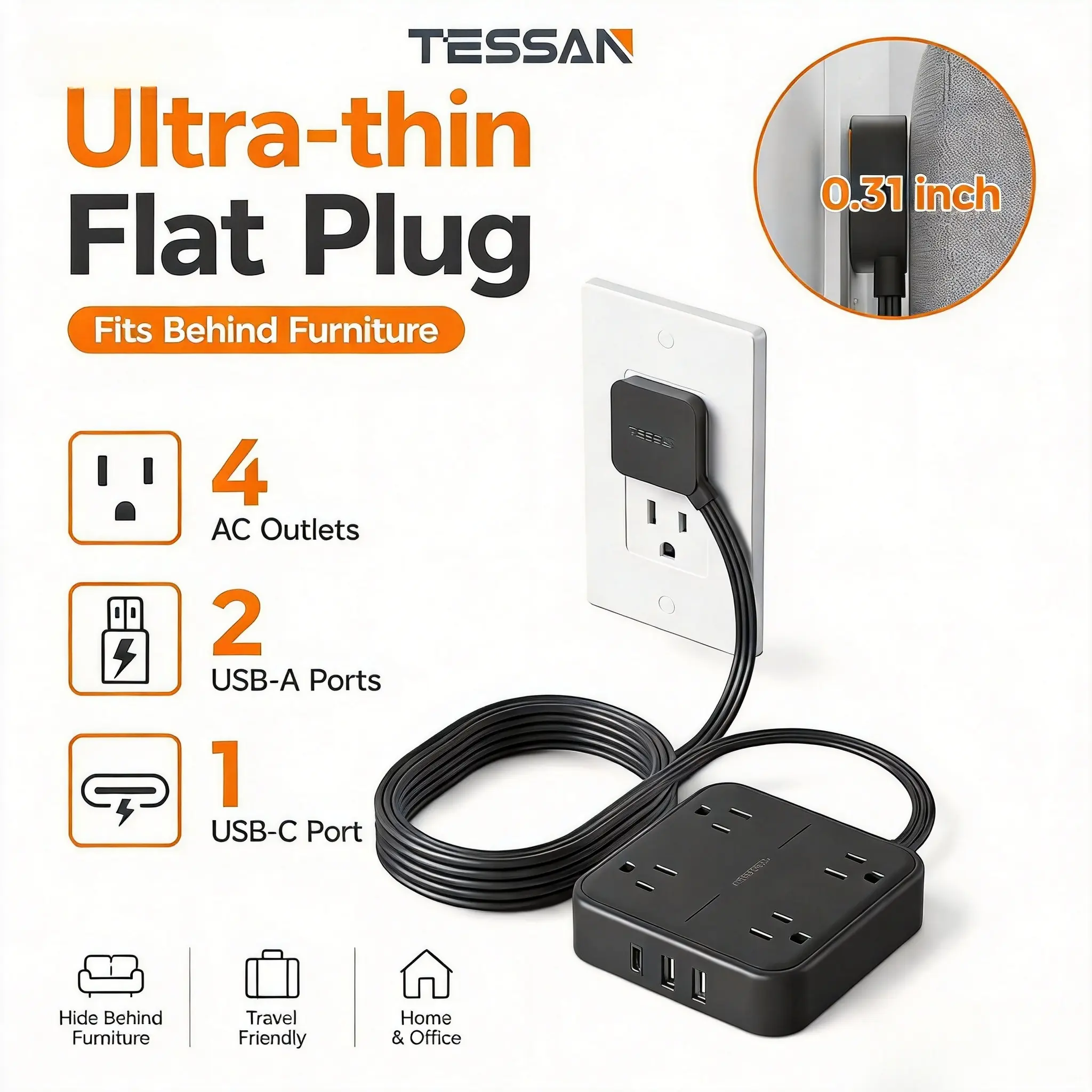 TESSAN Flat Plug Surge Protector Power Strip, with 4 AC Outlets & 3 USB Ports, 5FT Flat Extension Cord, Wall Mount for Home, Office & Dorm