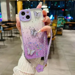 Glitter Butterfly Design Phone Case With Flower Lanyard, Decorative Phone Protective Cover, Phone Accessory Compatible With iPhone