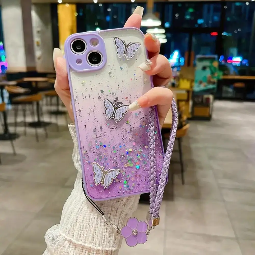 Glitter Butterfly Design Phone Case With Flower Lanyard, Decorative Phone Protective Cover, Phone Accessory Compatible With iPhone