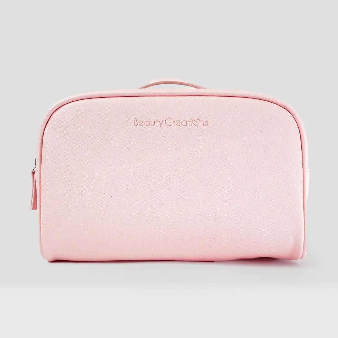 Glam Pink Mini Vanity Bag, Solid Color Makeup Travel Organizer with Top Carry Handle and Roomy Main Pocket