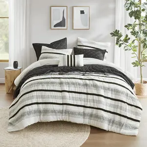 360 Stand 7-Piece Carolina Stripe Print King Size Bed Comforter & Quilt Set, Black, 104x92x1.5in Wrinkle-Free Polyester Fiber, All-Season, Bohemian Vibe, Fits California King Beds