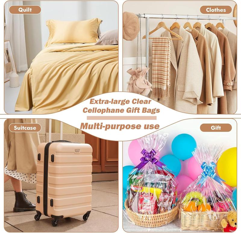 50 Packs 32 x 40 Inches Extra-large Cellophane Bags for Basket  Clear Cellophane Wraps Clear Huge Cello Bags for Baskets, Gifts, Christmas Trees, , Arts and Crafts, 50ct Ribbon Bows