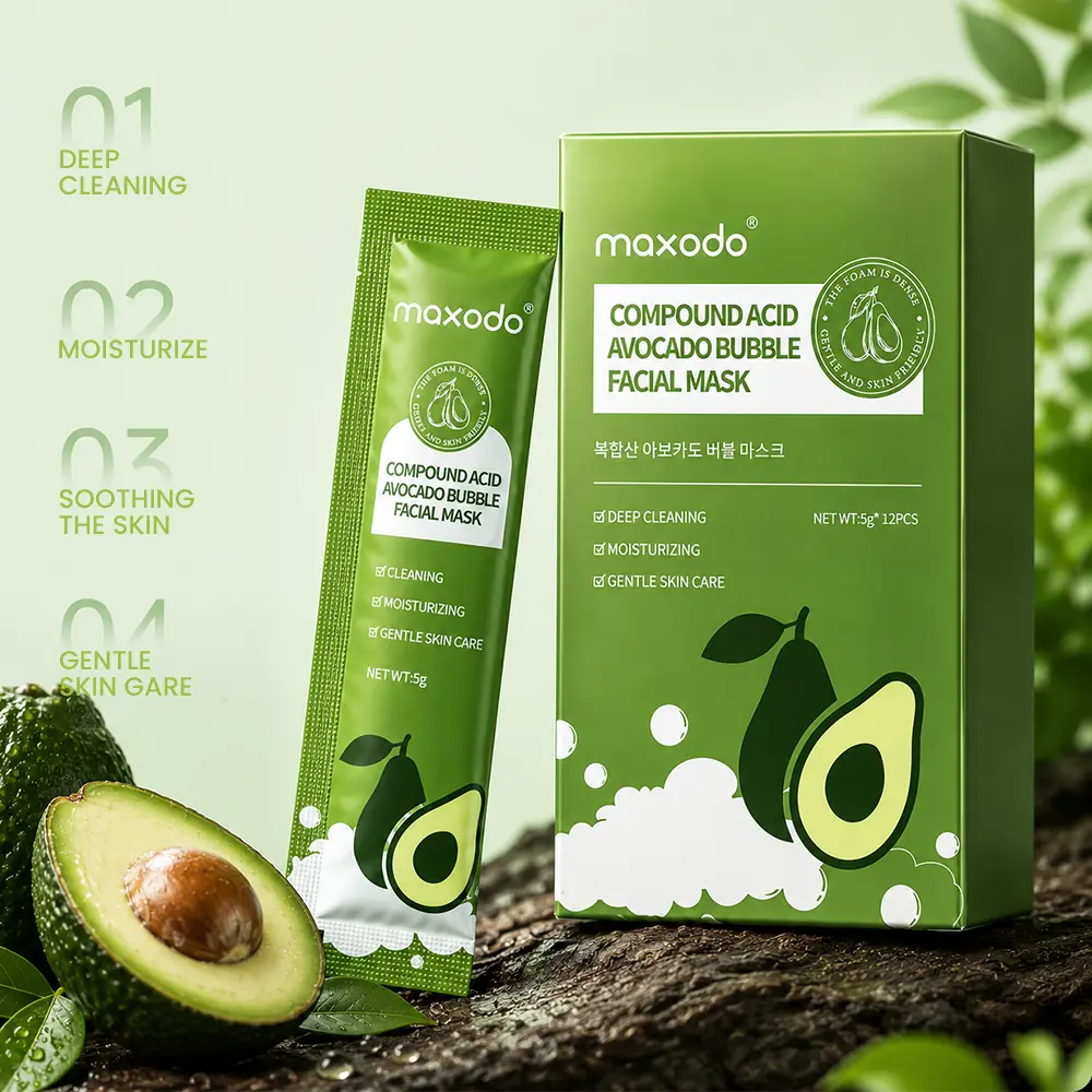 maxodo Avocado Bubble Foam Facial Mask - Glycerin-Infused Hydrating Moisturizer with Avocado Oil, PHA, BHA, AHA, Lightweight Nourishing Formula for Oily Skin, 12 Travel-Size Individual Packs