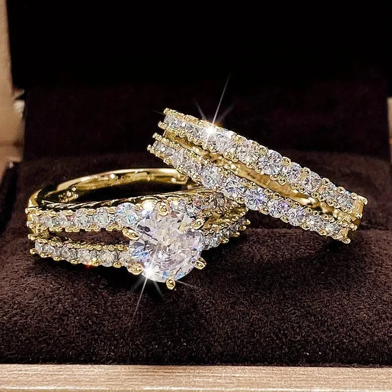 2 Pcs/set Bridal Wedding Rings 18K Plated 6 Prong Setting zirconia Rings For Women Engagement Proposal Jewelry Gift