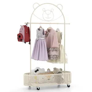 COSTWAY - Kid Clothes Rack with 3 Adjustable Heights and Wheels-White