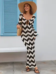 JOYSONS Women's Long Sleeve Knit Chevron Dress Beach-Ready Boho Cover-Up with Tie-Front Scoop Neck Bodycon Fit & See-Through Crochet Detail for Vacation or Resort Chic