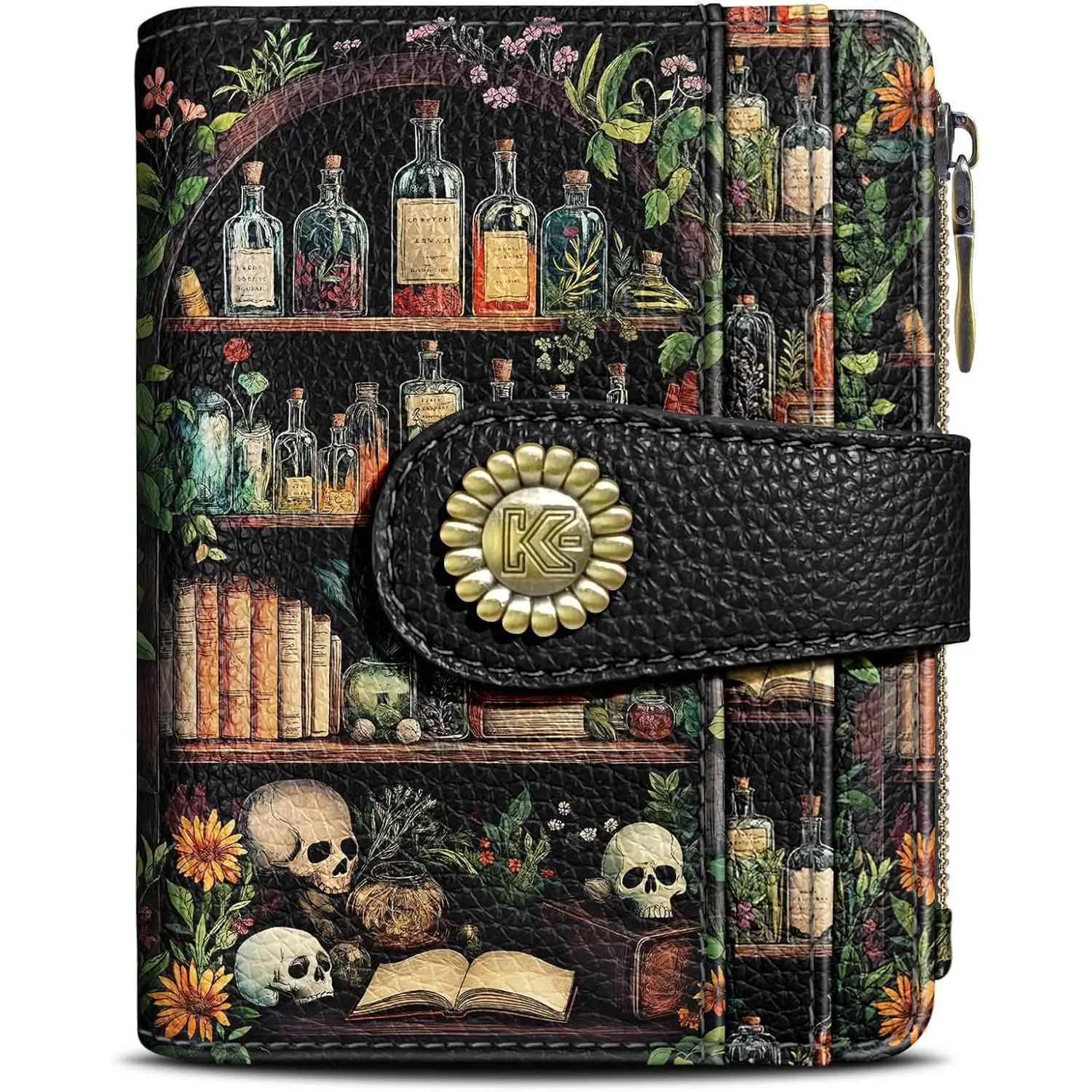 Women's Gothic Skull PU Leather Bifold Wallet - Casual, Flowers, Bronze, Glass Bottles Accents, RFID Blocking, Zipper Coin Pocket, Compact, 1 ID Window, 10 Card Slots, Travel Cash Credit Card Holder