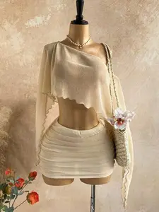 Women's 2-Piece Fitted Gold Sequin Party Set - Lightweight Asymmetrical 1-Shoulder Sheer Top, Comfortable Ruched Short Skirt, Suitable for Beach & Party Wear, 2 Piece Sets
