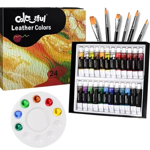 Acrylic leather paint, used for shoe painting - 24 colours of leather paint + colour palette +, used for bag and wallet decoration, leather jacket care, craft DIY projects, art supplies colouring supplies
