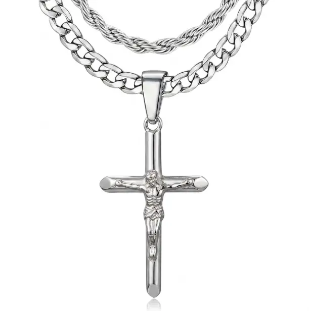 Jesus Catholic Cross Necklace for Men Women, Layered Cuban Link and Rope Chain Mens, Stainless Steel Catholic Baptism Cross Necklace Jewelry for Christma'S Gift, Simple Jewelry Gifts for Men