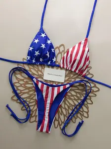 VYNCE 2 Piece Bikini Set American Flag Halter Tie Beach Vacation 4th of July