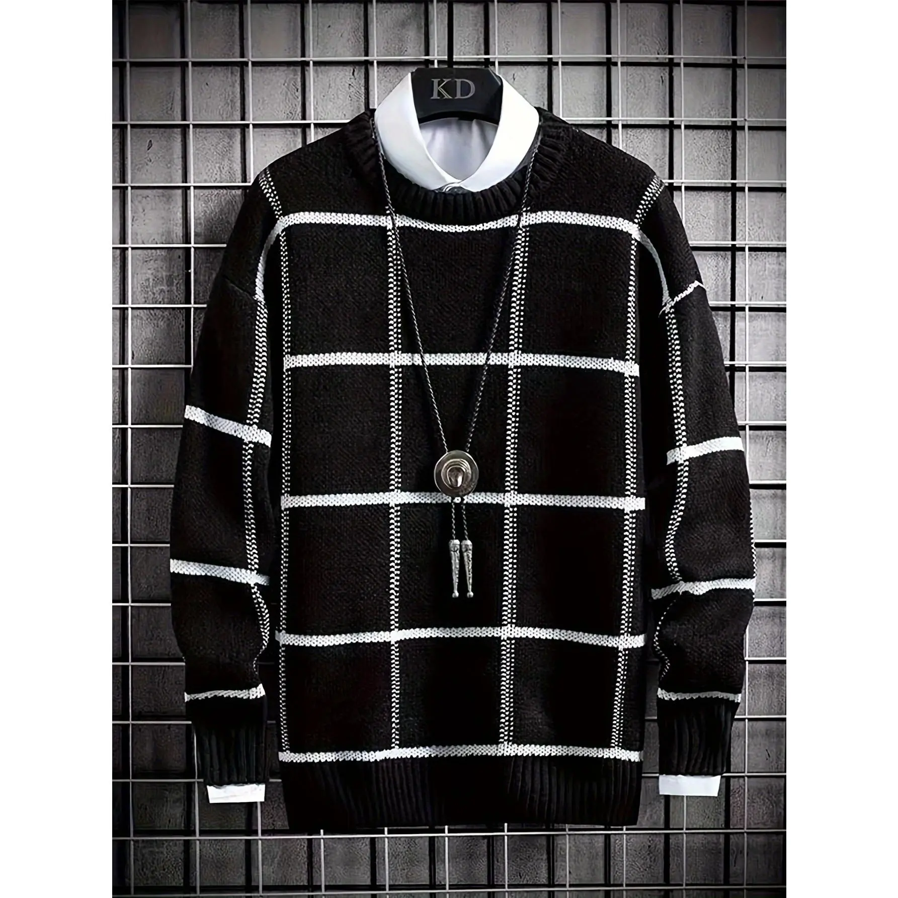 Men's Striped Knitwear Pullover Sweater - Stretch Fabric, Loose-Fit Long-Sleeves Crewneck, Viscose-Polyester Blend Menswear for Winter, Longsleeves, Round Neck, Casual, Tops, Long Sleeve, Crew Neck, Nylon, Regular Length, Full Sleeves
